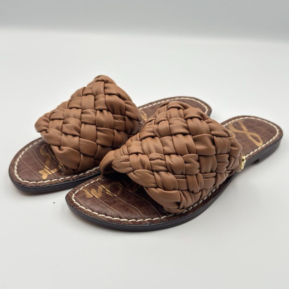 New Womens Sam Edelman Griffin Woven Brown Leather Slides Sandals Size 5.5